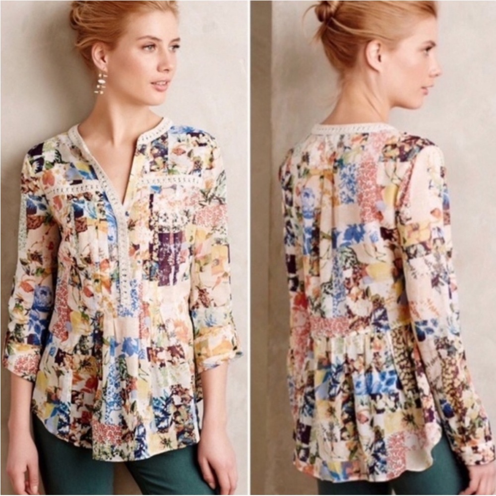 Anthropologie Maeve Floral Abella Pintuck Blouse Vibrant Patchwork Lace Size 4